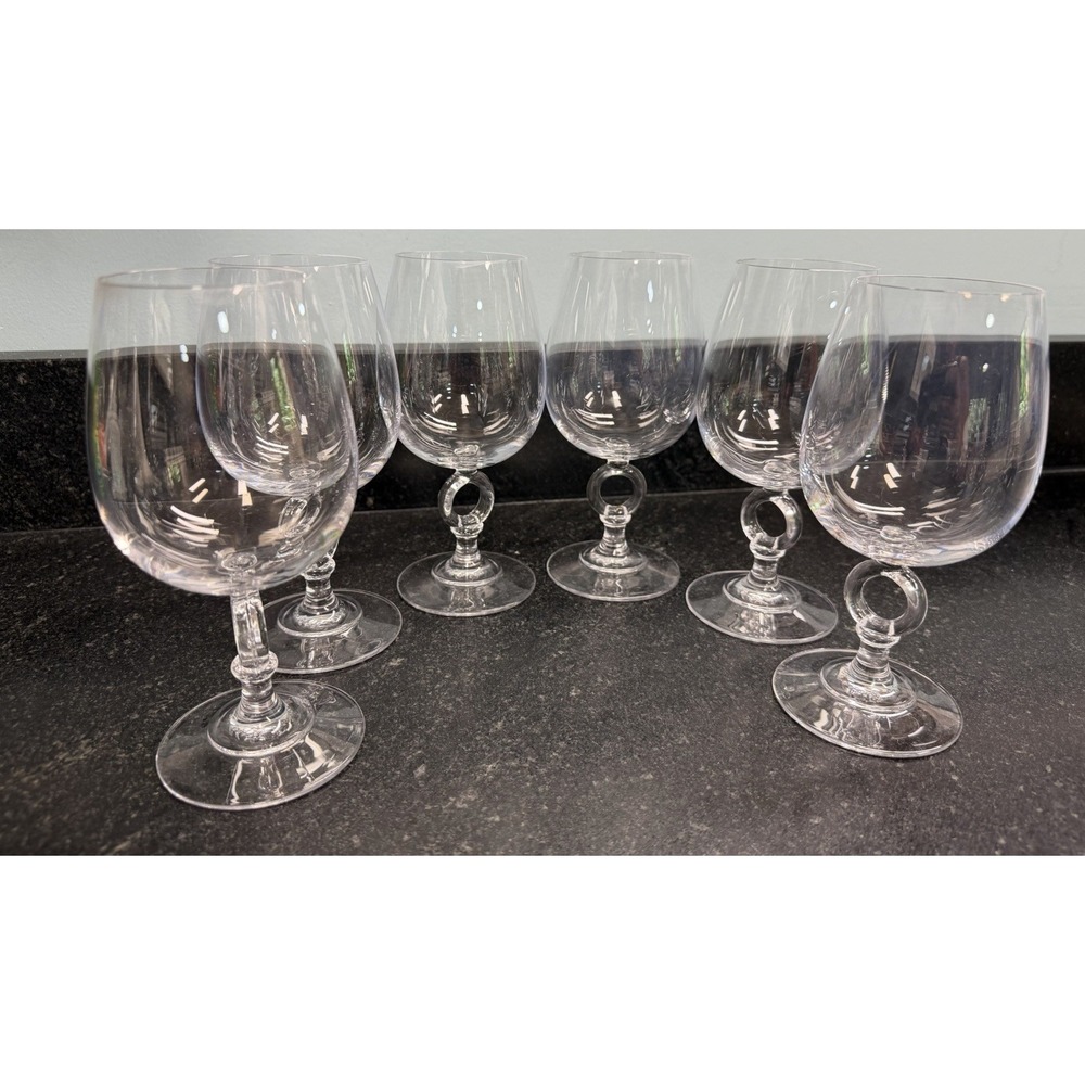 Set of 6 ARC France Camors Clear Glass Goblets Wine Water Glasses Loop Stem 6.5"